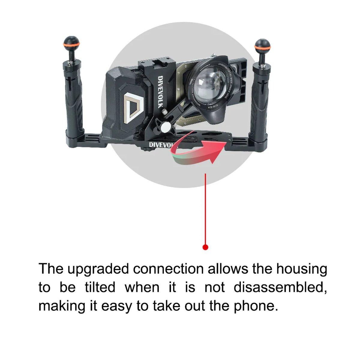 Vassoio con doppia impugnatura DIVEVOLK per custodia subacquea per smartphone, custodia per fotocamera compatta, action camera, GoPro, DJI Action, Insta360 - NERO