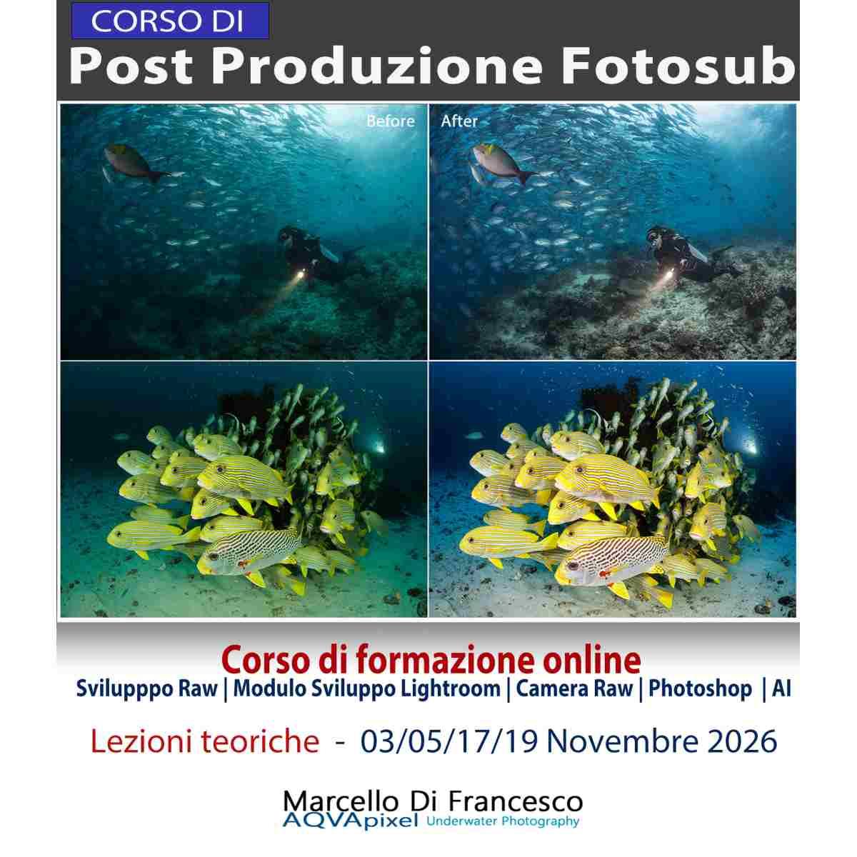 Corso online dedicato alla postproduzione per la fotografia subacquea, con Marcello Di Francesco.   Dal 3 Novembre 2026
